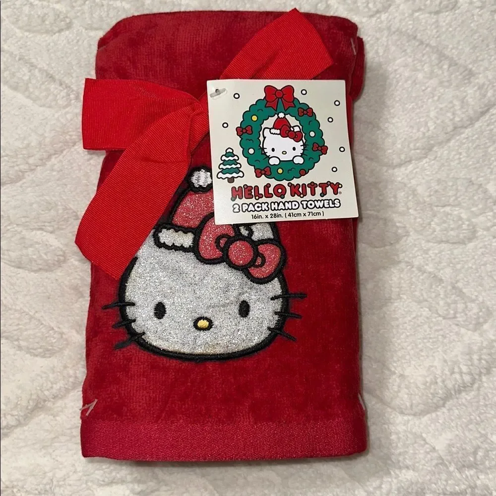 Hello Kitty 2 Pack Red Silver Metallic Black Christmas Hand Towels Bow Wrap